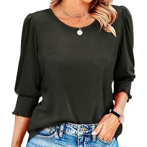 NWT Black 3/4 Sleeve Smocked Cuff Blouse Size L Minimalist Business Casual